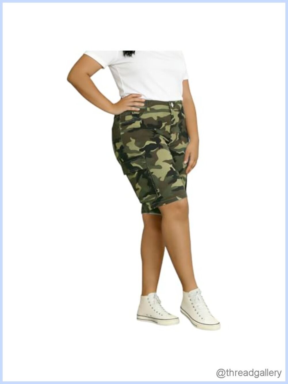 Plus Size Cargo Bermuda High Rise Denim Shorts Stretchy Knee Length